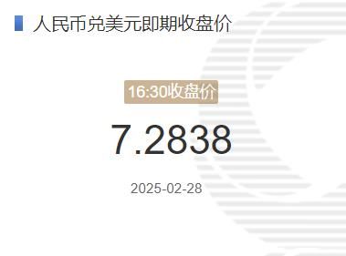 2月28日人民币兑美元即期收盘价报7.2838 较上一交易日下调128个基点(2025年02月28日)